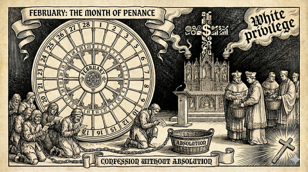 Reformation woodcut: liturgical calendar February. Penitents kneel left, clergy collect offerings right. Incense smoke forms "white privilege." Empty basket labeled absolution.