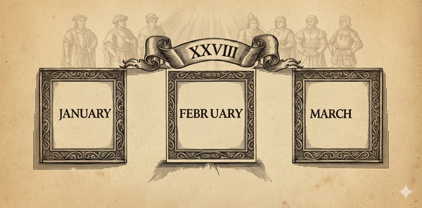 Woodcut: February calendar panel elevated above January and March, "XXVIII" banner, divine light. Reformation figures flanking. Sepia parchment.