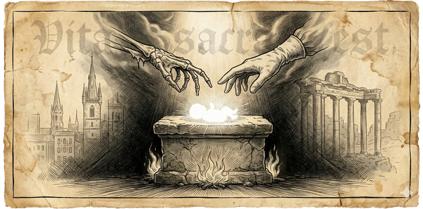 Woodcut engraving: stone altar with skeletal and surgical hands reaching toward luminous infant. Ancient columns merge with modern city. Latin: VITA SACRA EST.