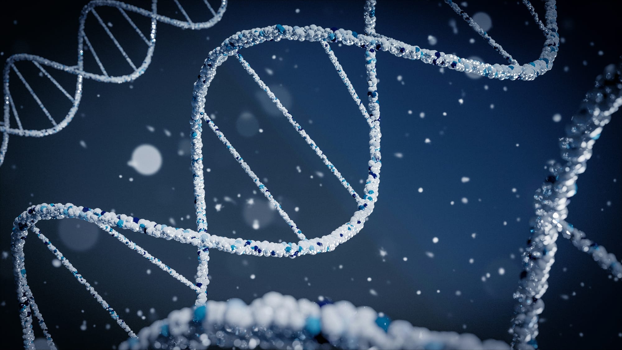 A 3D render of a double-helix DNA strand floating in a dark blue background with particle effects.