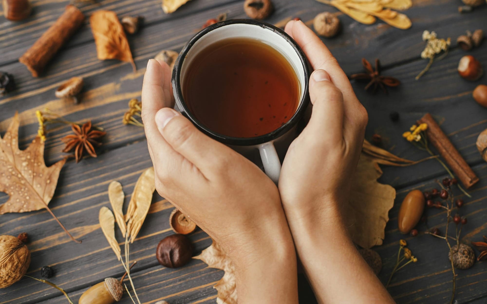 A cozy overhead shot of hands holding a warm mug of tea on a dark wooden table covered with autumn leaves, acorns, cinnamon sticks, and star anise, symbolizing grounding, presence, and inner comfort.