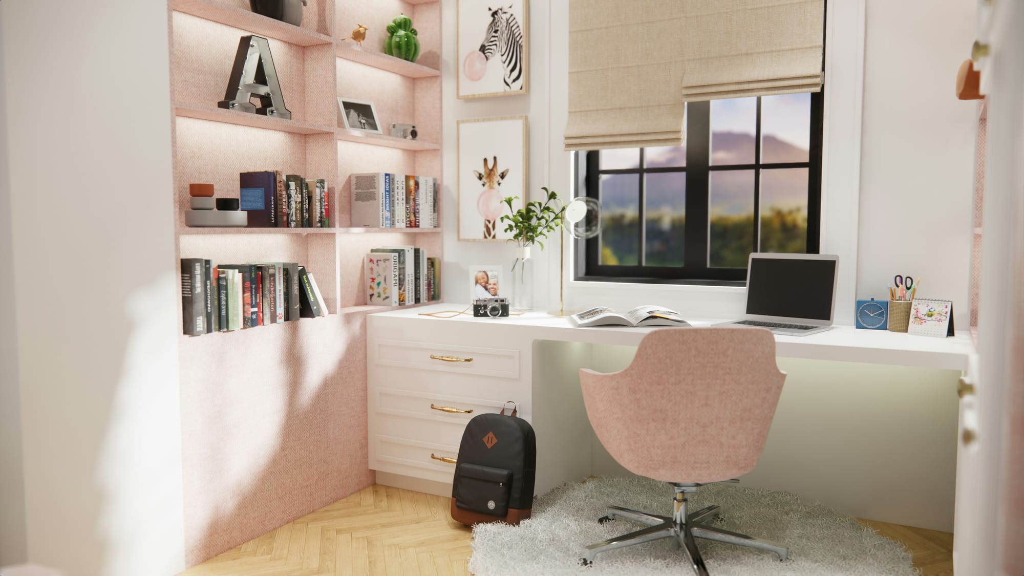 Soft ivory workspace with blush accents, books, and natural light — a serene, structured space reflecting calm, science‑rooted healing philosophy.