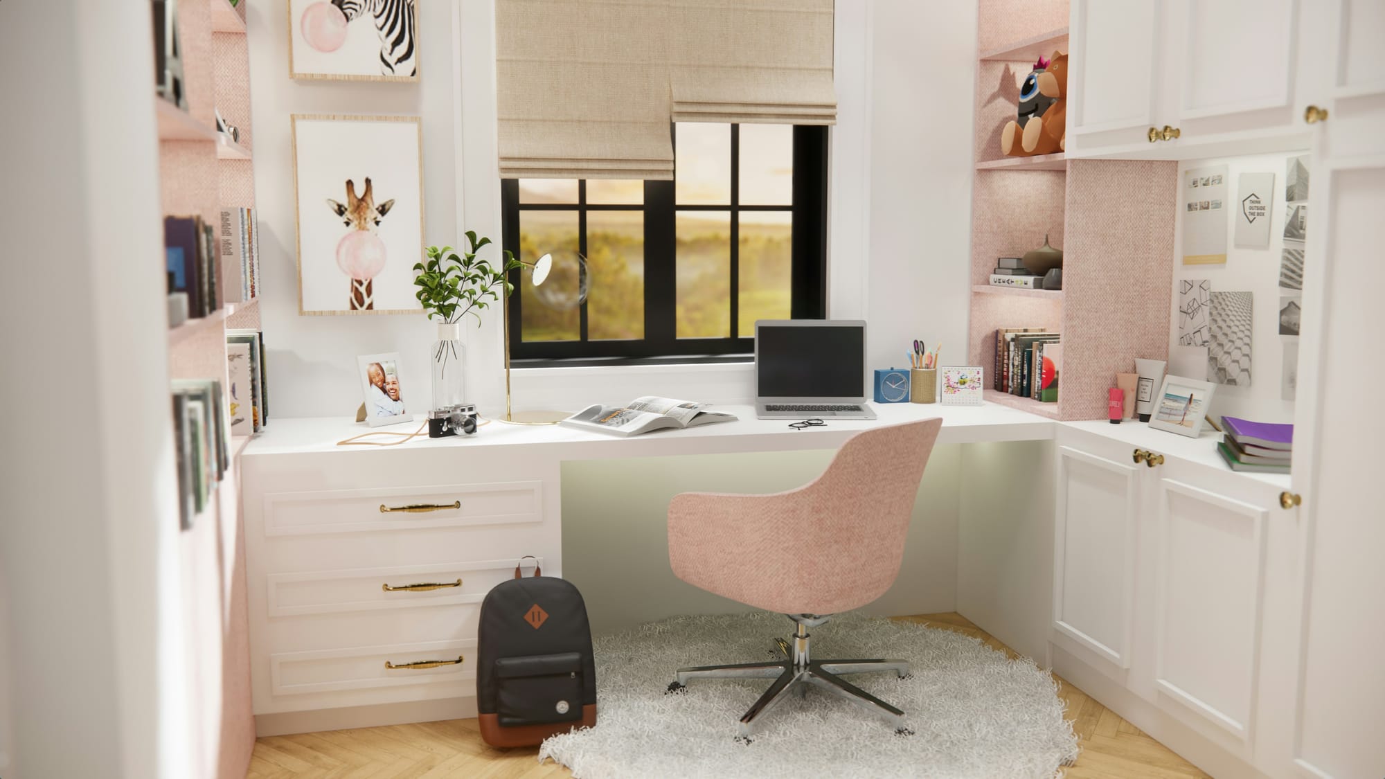 Bright minimalist desk with marble surface, computer, open notebook, and fresh flowers — a calm workspace symbolizing clarity and science‑rooted healing.