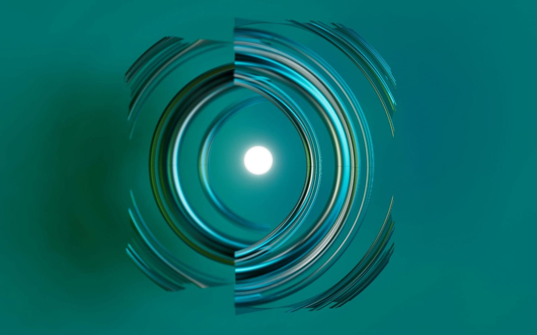 Minimalist digital graphic of a glowing central node radiating concentric teal and blue rings on a clean jade background, representing the brain's master clock broadcasting signals.