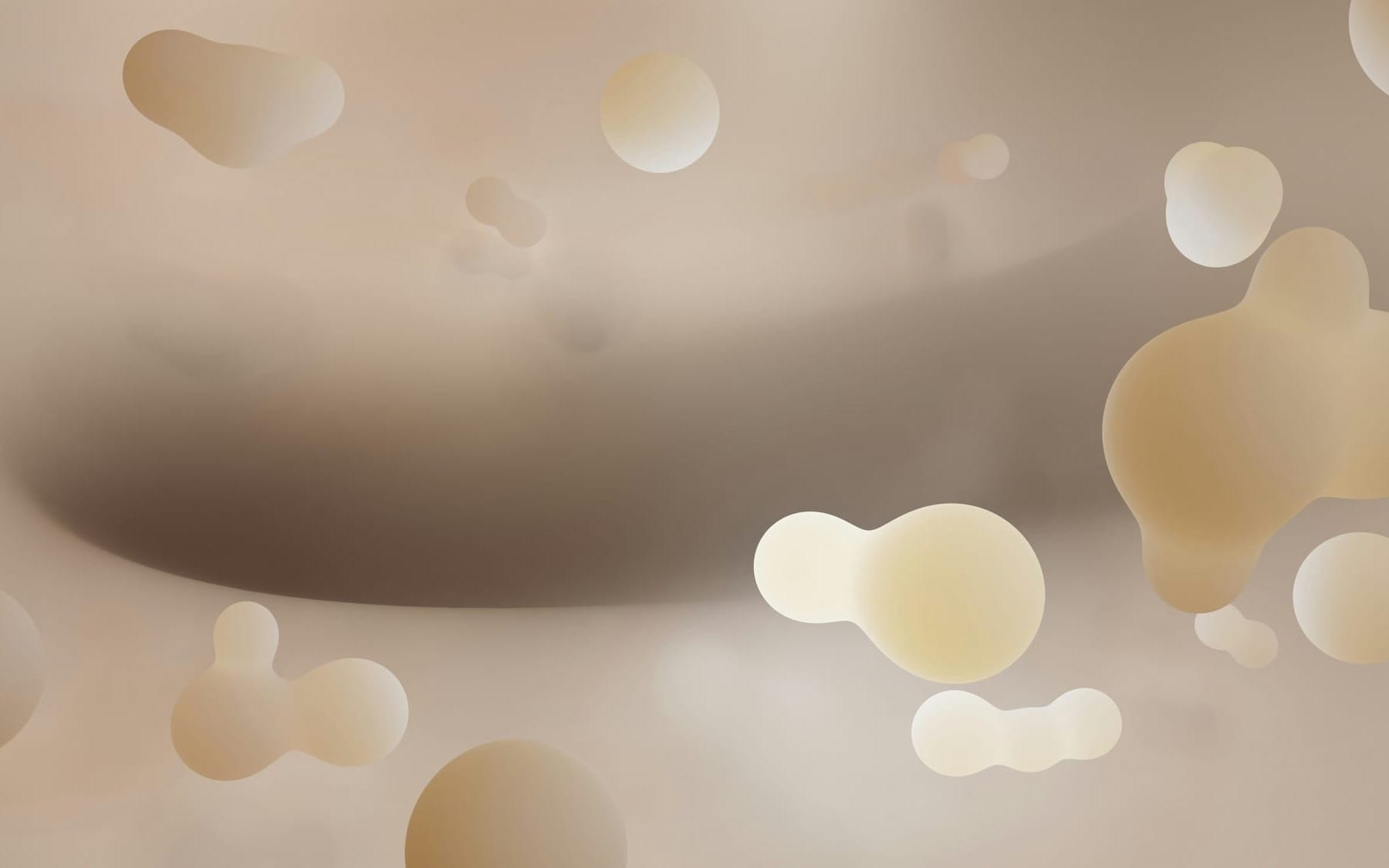 Abstract, minimalist 3D rendering of soft, floating cellular molecules in warm cream and beige tones, representing protein pairing in the cellular clock.