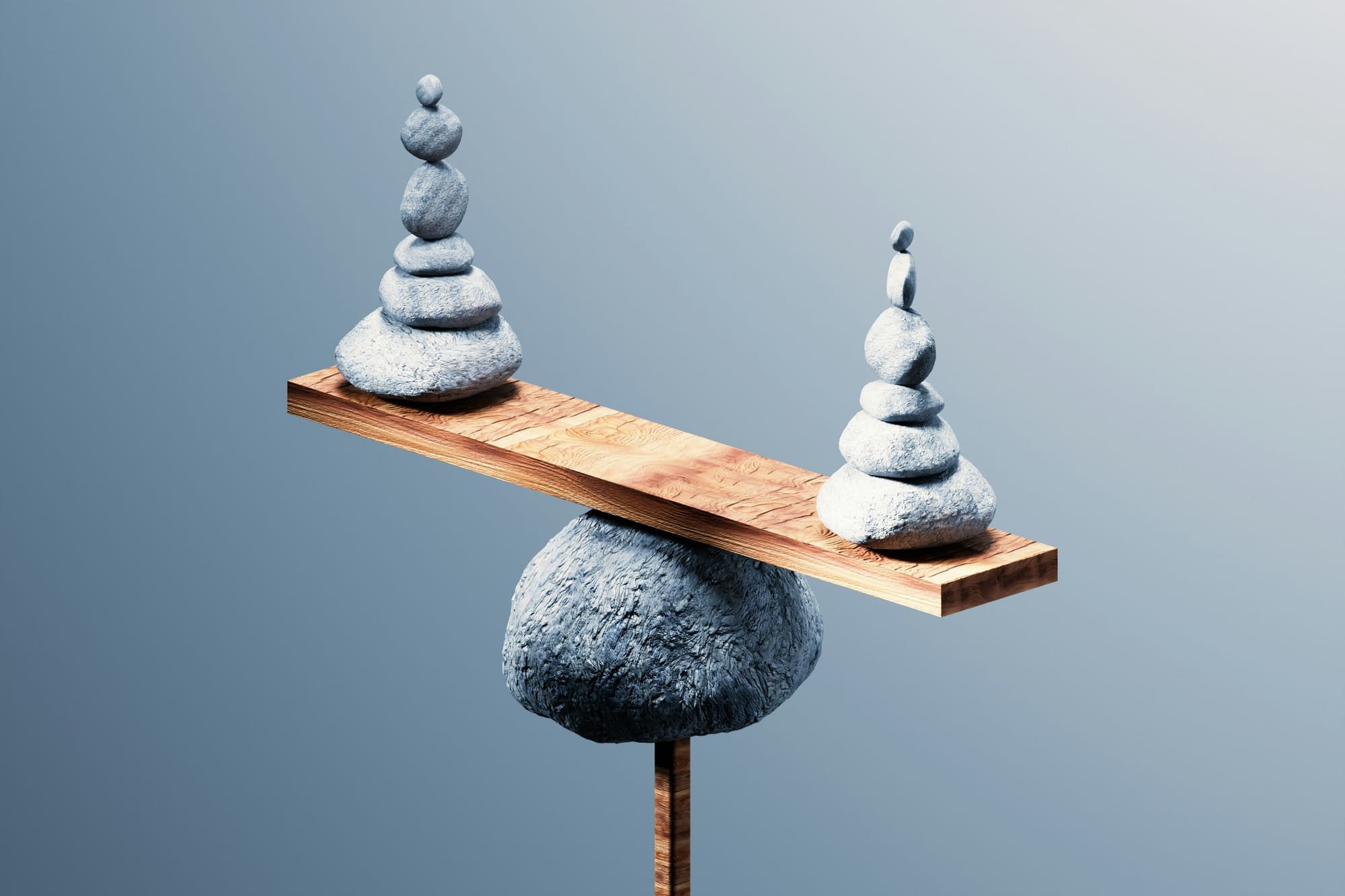 A conceptual 3D illustration of stacked zen stones balancing precariously on a wooden seesaw, symbolizing the mental balancing act of caregiver responsibilities.