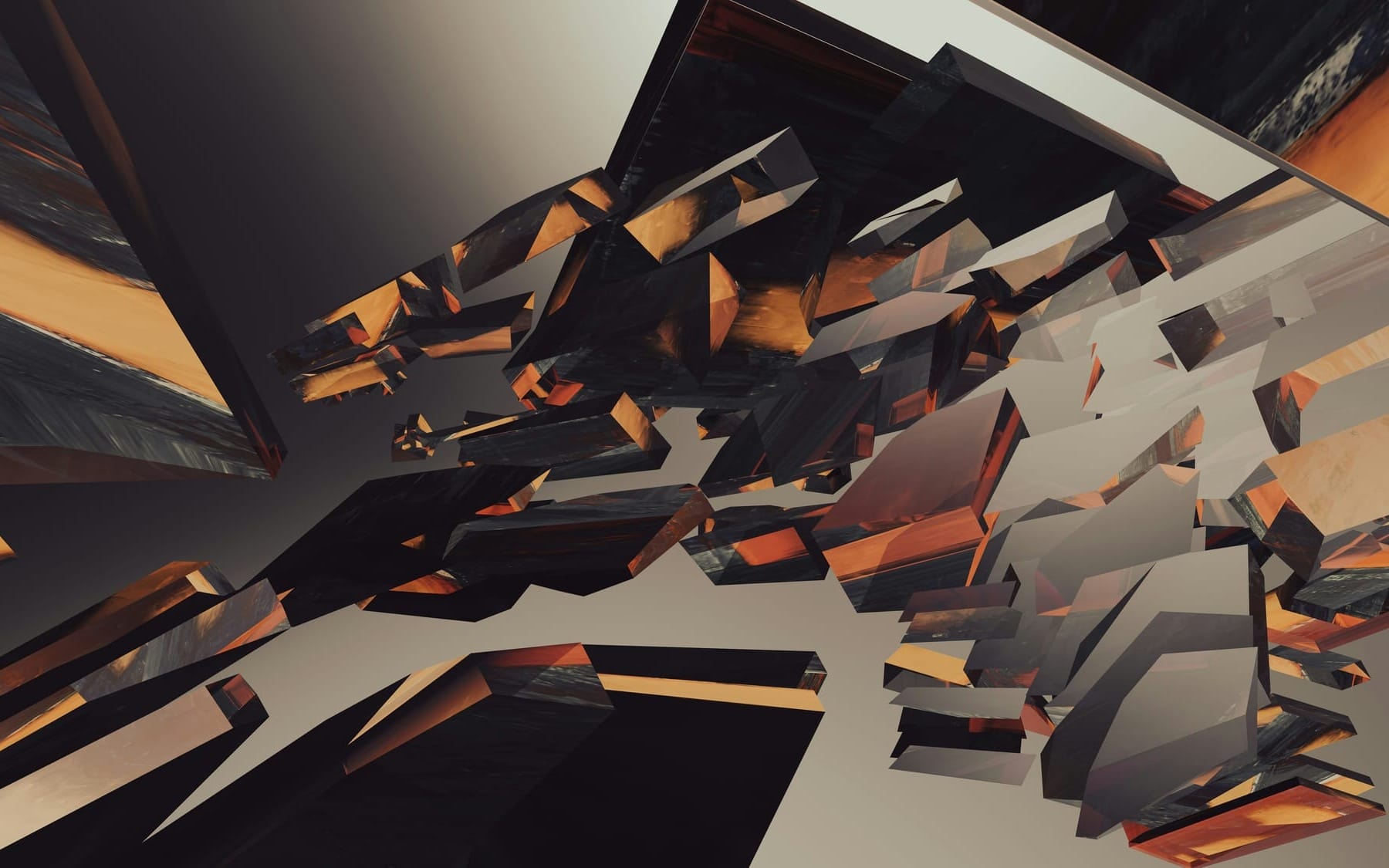 • Abstract 3D rendering of shattering geometric blocks and shards in dark charcoal and warm terracotta tones, symbolizing systemic chronodisruption and the onset of disease.