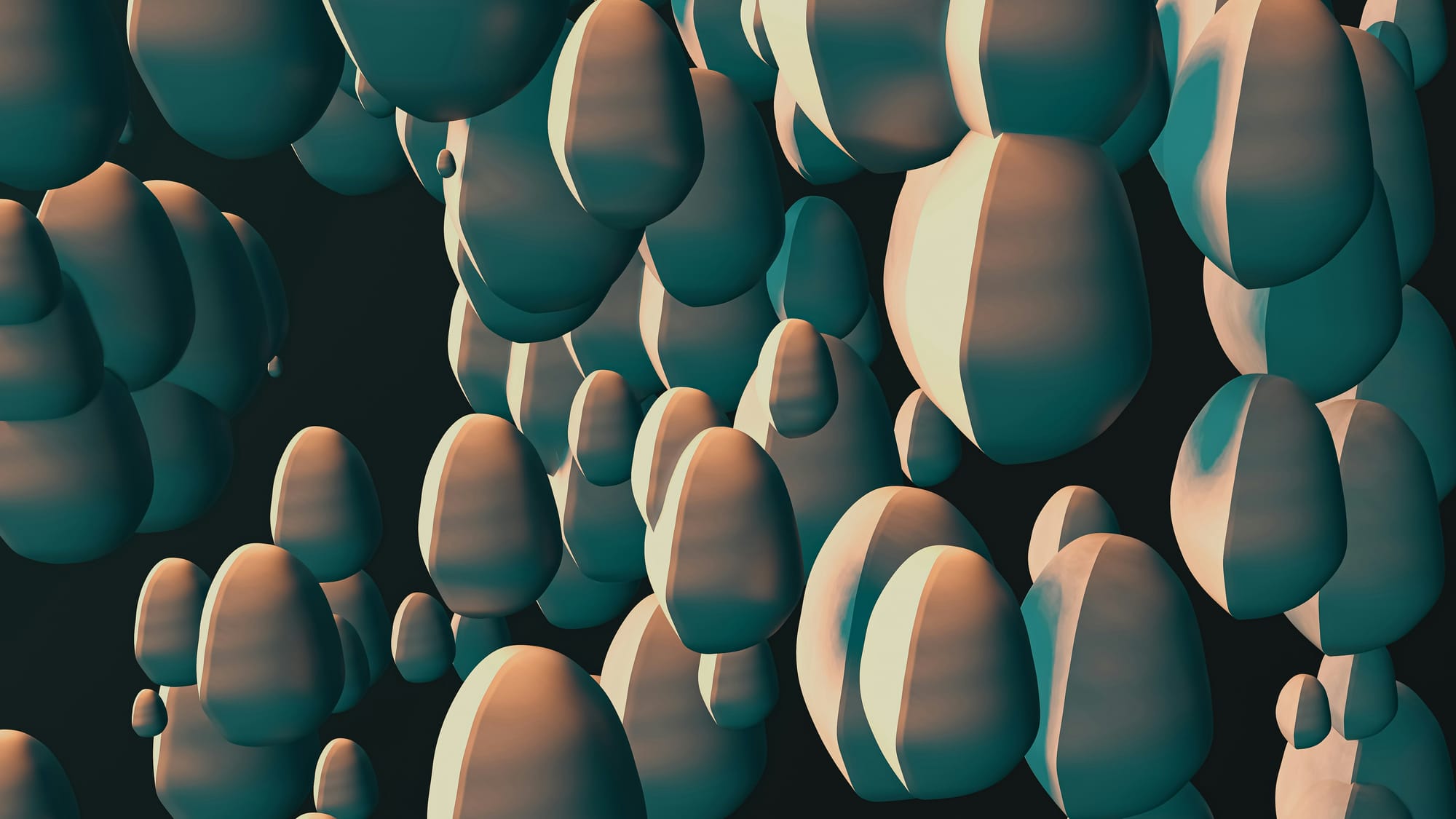 An abstract 3D digital illustration of floating, smooth, rounded organic cellular shapes highlighted in calm teal and warm cream tones against a dark background.