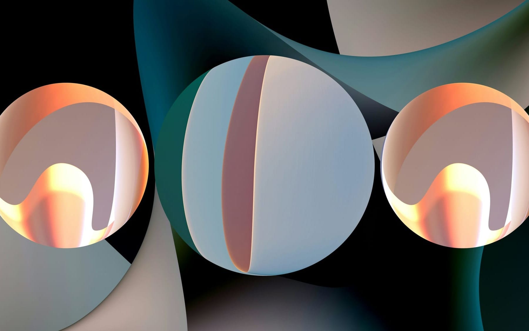 • Abstract minimalist 3D rendering of three independent translucent spheres lit from within by warm golden light, set against a flowing teal background, symbolizing peripheral organ clocks running autonomously.