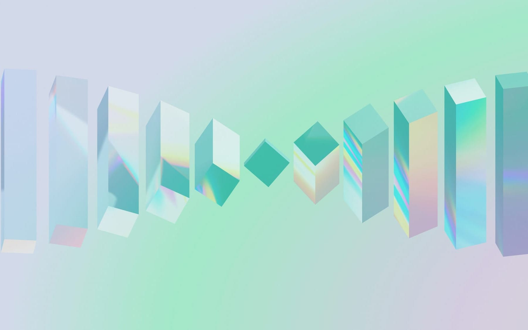 • Abstract digital rendering of a perfectly ordered, twisting sequence of iridescent holographic blocks on a soft pastel mint background, symbolizing the restoration of circadian alignment and biological rhythm.