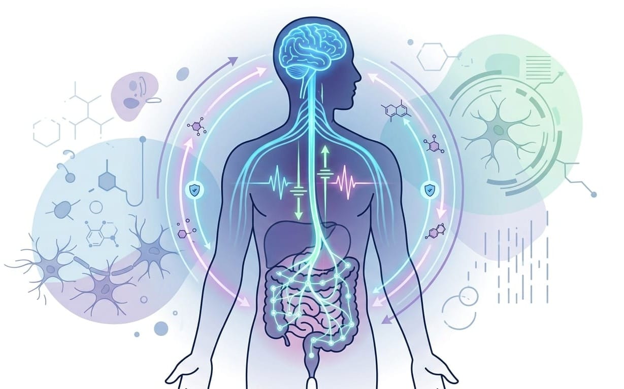 A modern medical vector infographic illustrating the gut-brain axis, showing a human silhouette with a glowing neural pathway connecting the brain to the digestive system with bidirectional communication arrows.