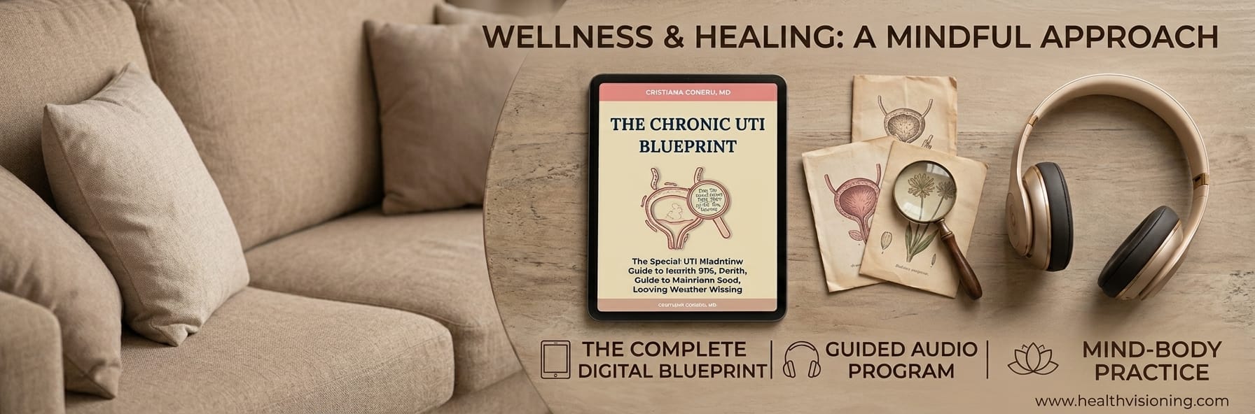 Promotional banner for Dr. Cristiana Coneru's Chronic UTI Blueprint featuring a digital tablet mockup, a guided audio program with gold headphones, and a mind-body practice guide on a wooden table.