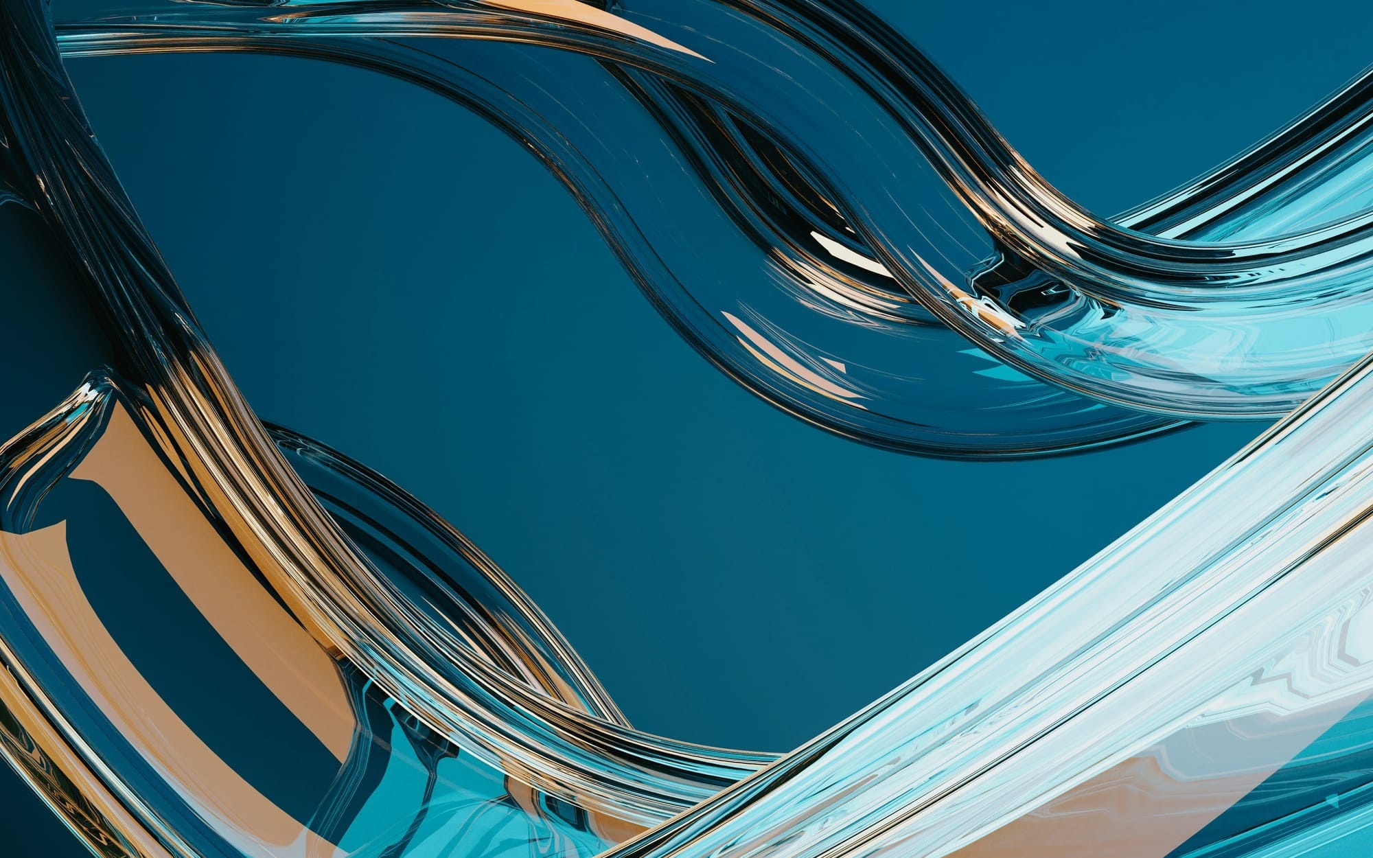 An abstract 3D digital illustration of flowing, glossy teal and amber glass-like ribbons splitting apart in the center to reveal an open background, representing the safe and temporary opening of the blood-brain barrier.