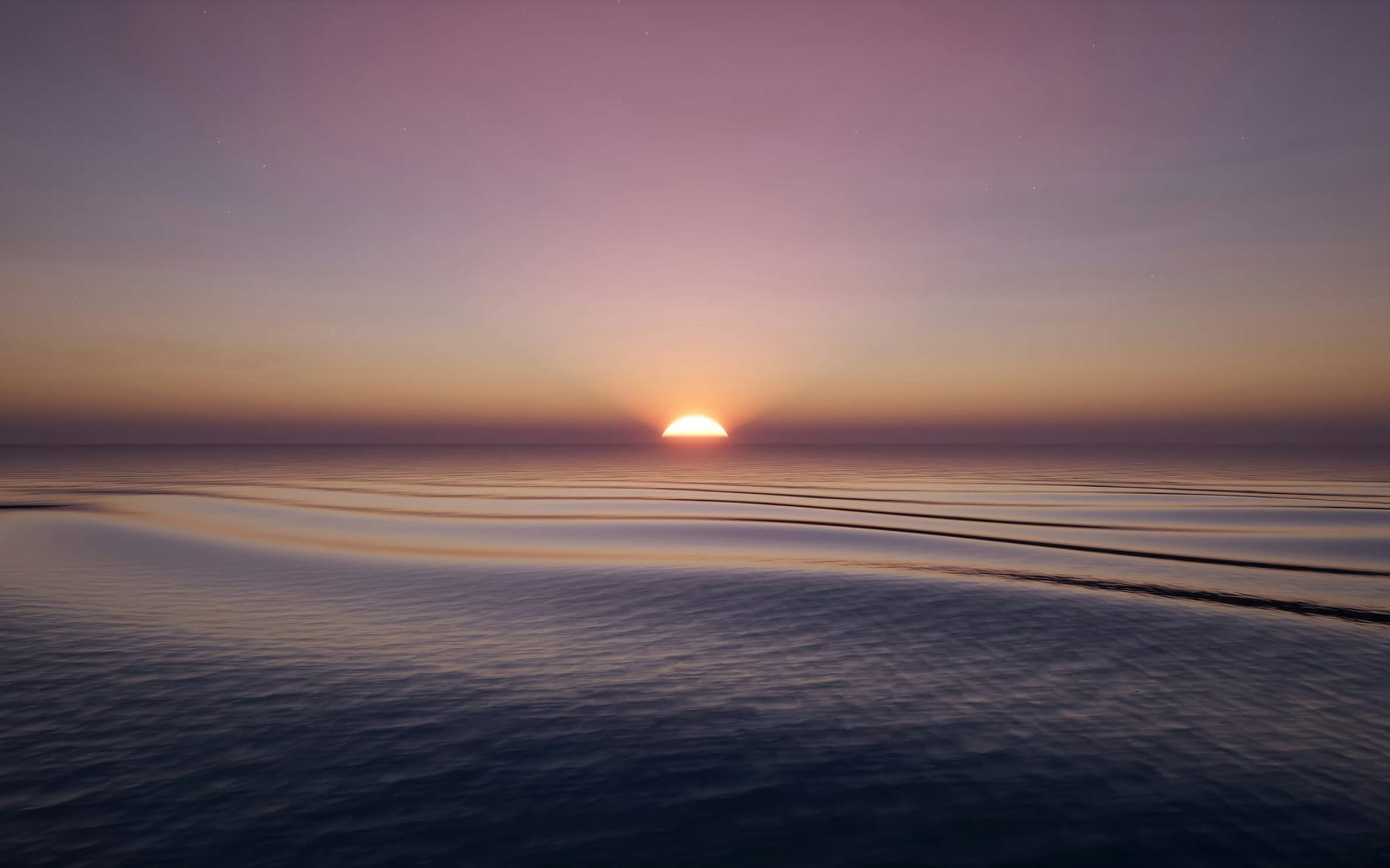 A minimalist wide shot of a perfectly calm, smooth ocean under a lavender and pale pink dawn sky, with the sun just cresting the clean horizon line.