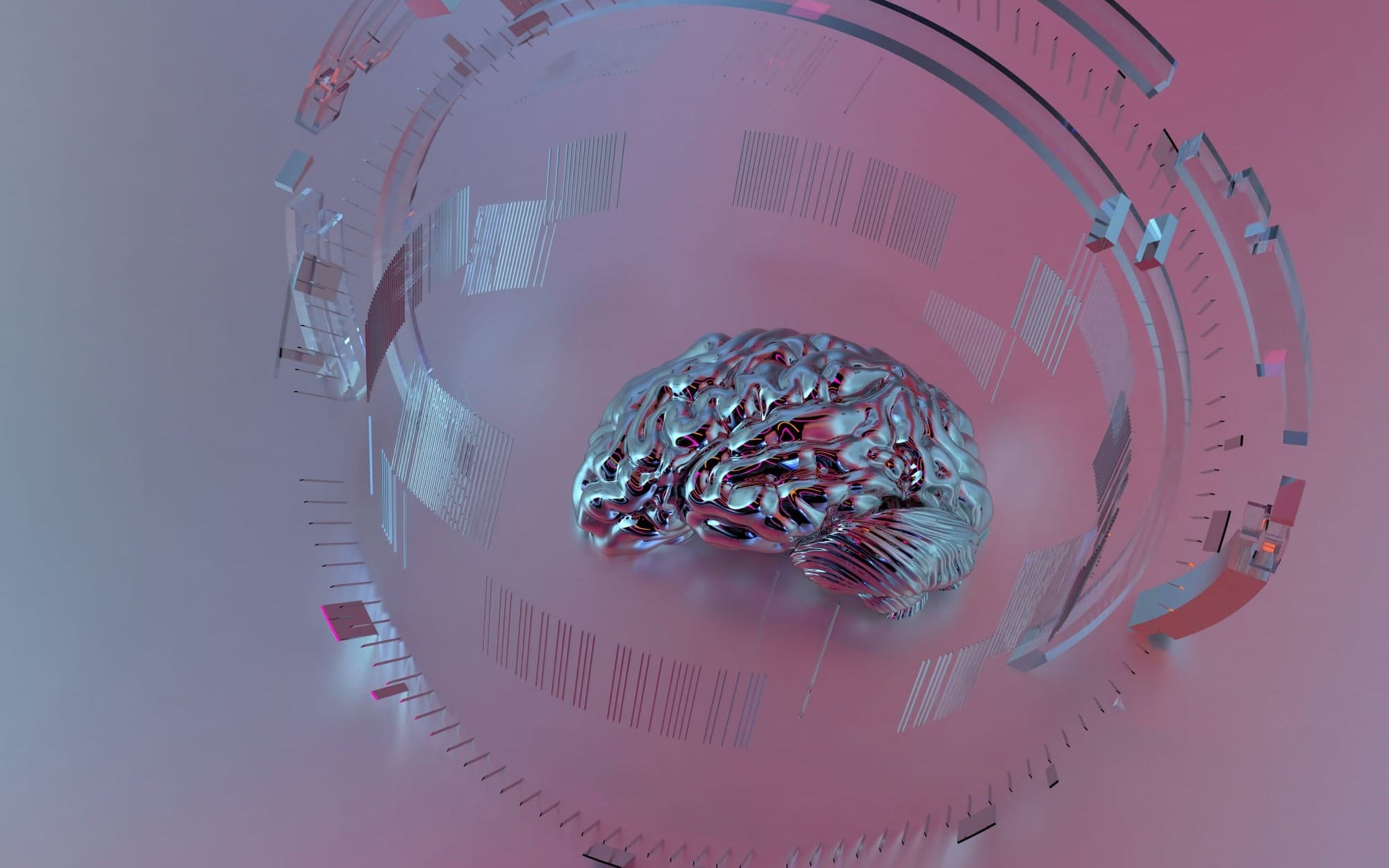 A 3D digital illustration of a metallic human brain centered within a complex, floating futuristic glass and digital ring targeting array, representing non-invasive focused ultrasound neuromodulation technology.