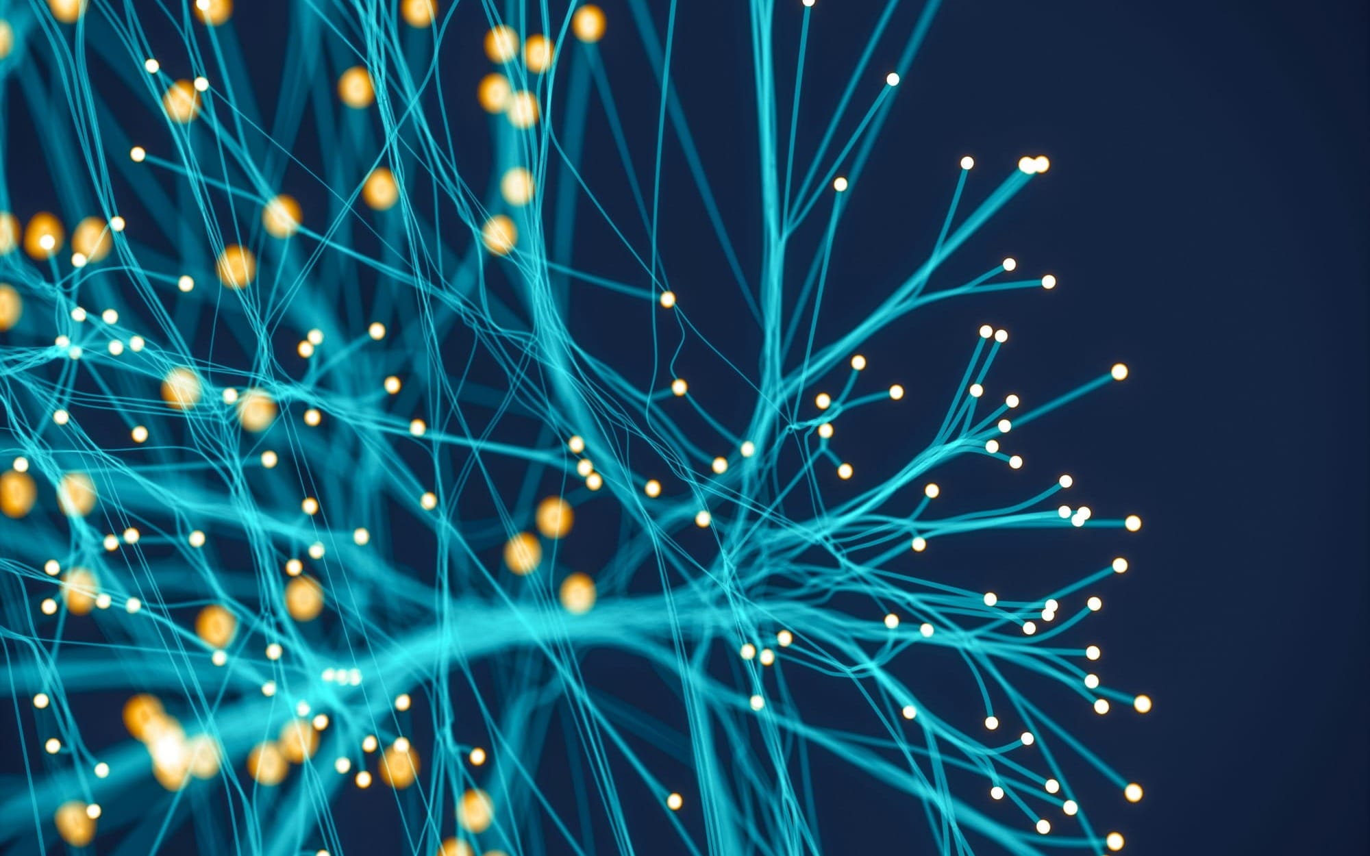An abstract 3D digital illustration of an organic neural branching structure glowing with cyan light filaments and warm golden nodes against a dark navy blue background, symbolizing the connection between advanced neuroscience and human stories.