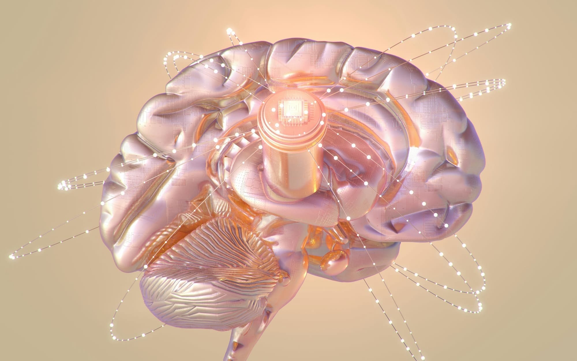 A stylized 3D metallic pink and gold model of a human brain with a glowing microchip cylinder integrated into the center cortex, broadcasting light beams along orbiting constellation pathways to represent neuroplasticity and neural network stimulation.