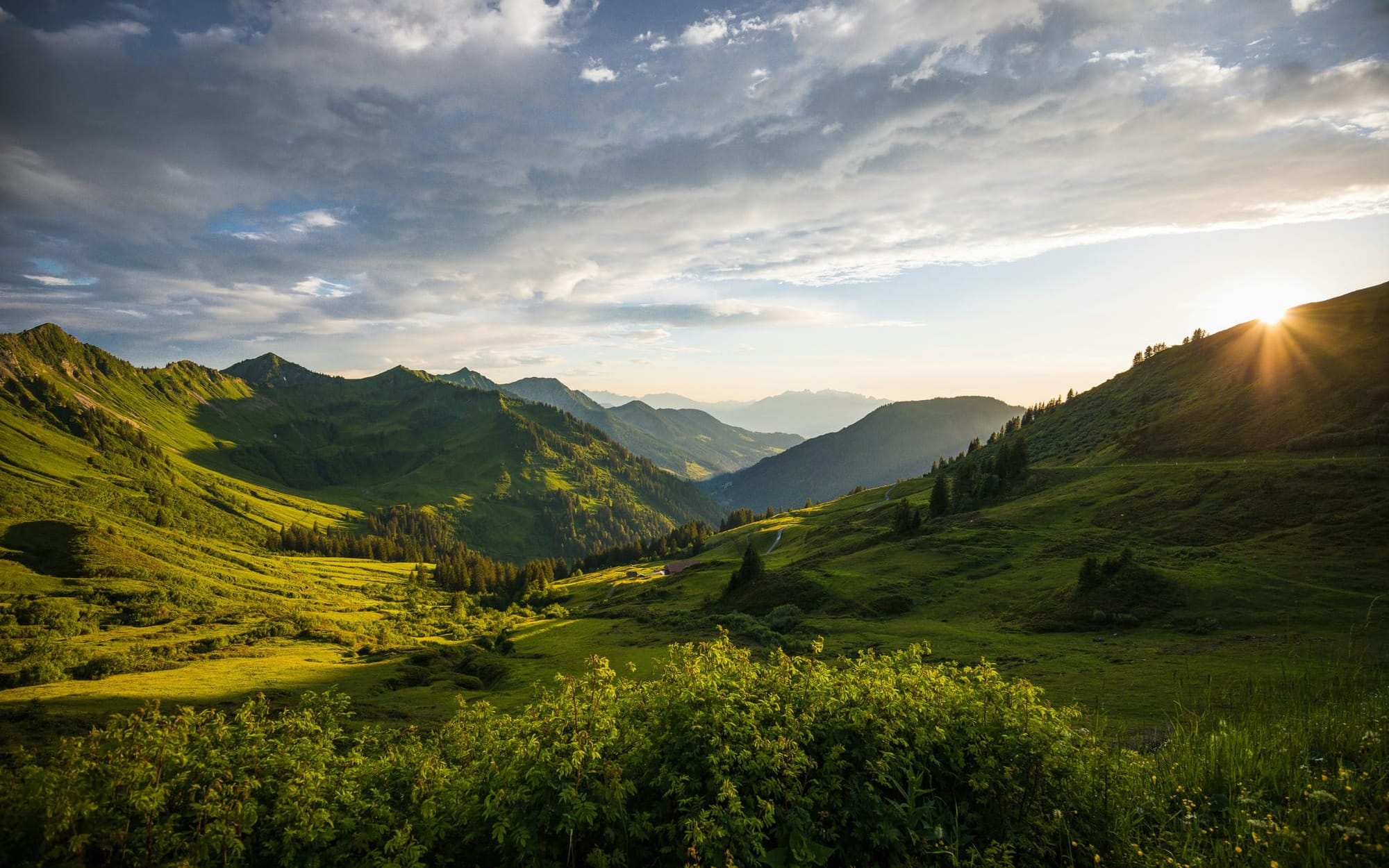 A wide sunburst breaking over green mountain ridges and a lush valley at sunrise, symbolizing renewal and a holistic nervous system reset.