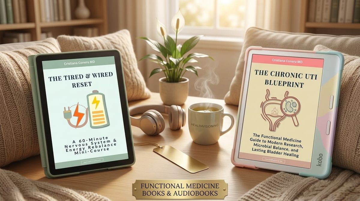 A cozy living room setting shows two e-readers open on a wooden table among soft cushions, displaying the ebook covers "THE TIRED & WIRED RESET" and "THE CHRONIC UTI BLUEPRINT" 
