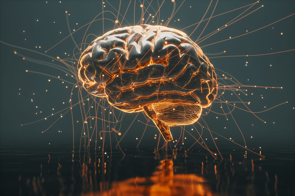 A conceptual 3D digital illustration of a human brain illuminated from within by warm golden light, with glowing neural pathways and acoustic wave particles radiating outward against a minima