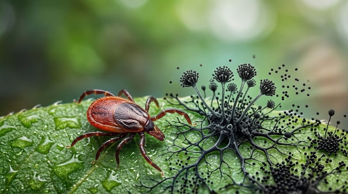 A split-concept macro photograph on a vibrant green leaf. On the left side, a detailed black-legged deer tick rests on wet, water-droplet-covered leaf tissue. On the right side, the leaf tran