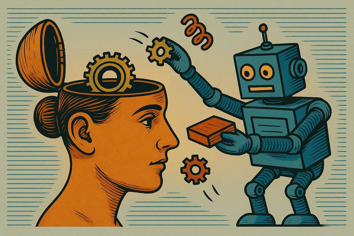 A robot opens a human head like a memory box. It removes gears and springs while putting in new ones.