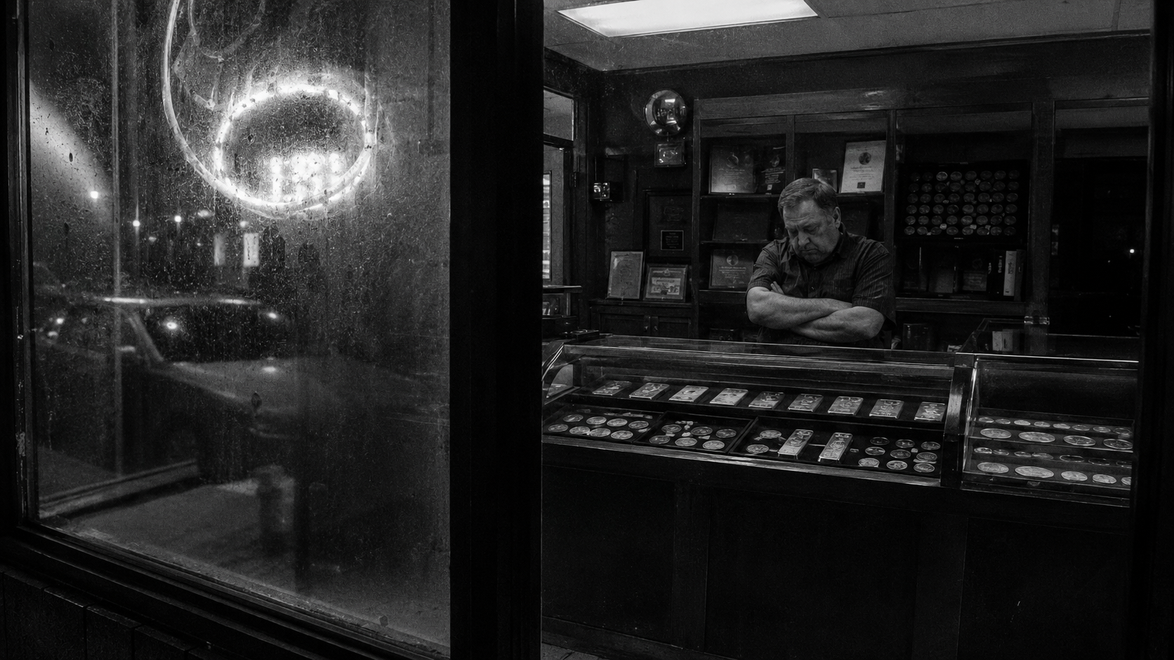 Coin shop dealer alone no customers
