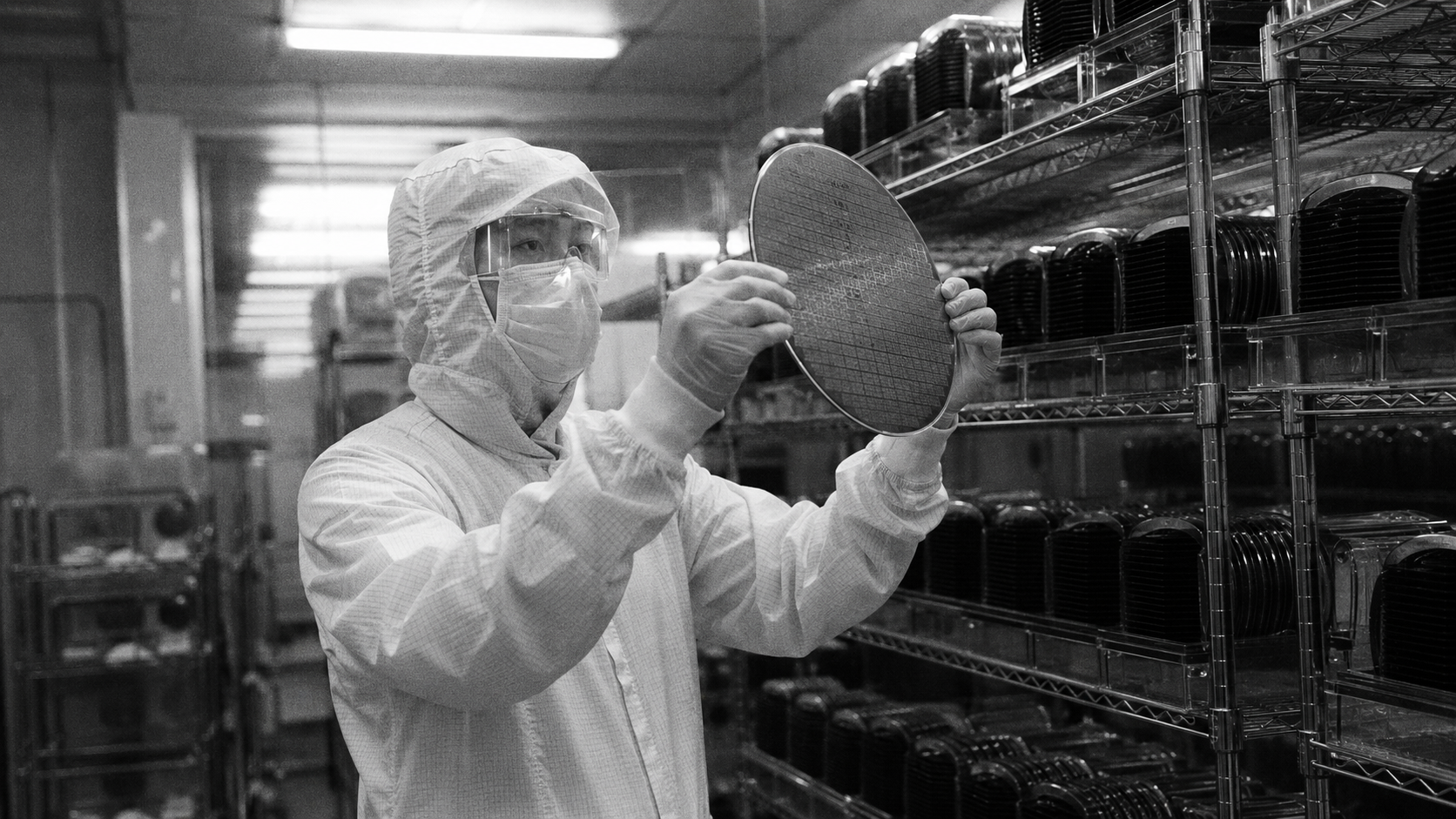 Technician inspecting silicon wafer clean room
