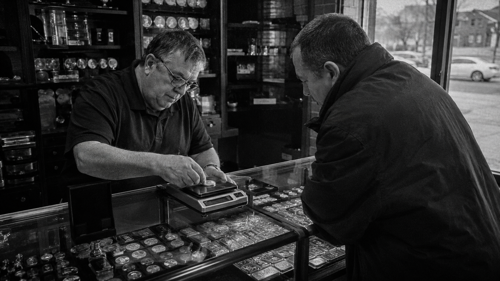 Coin shop owner weighing gold customer