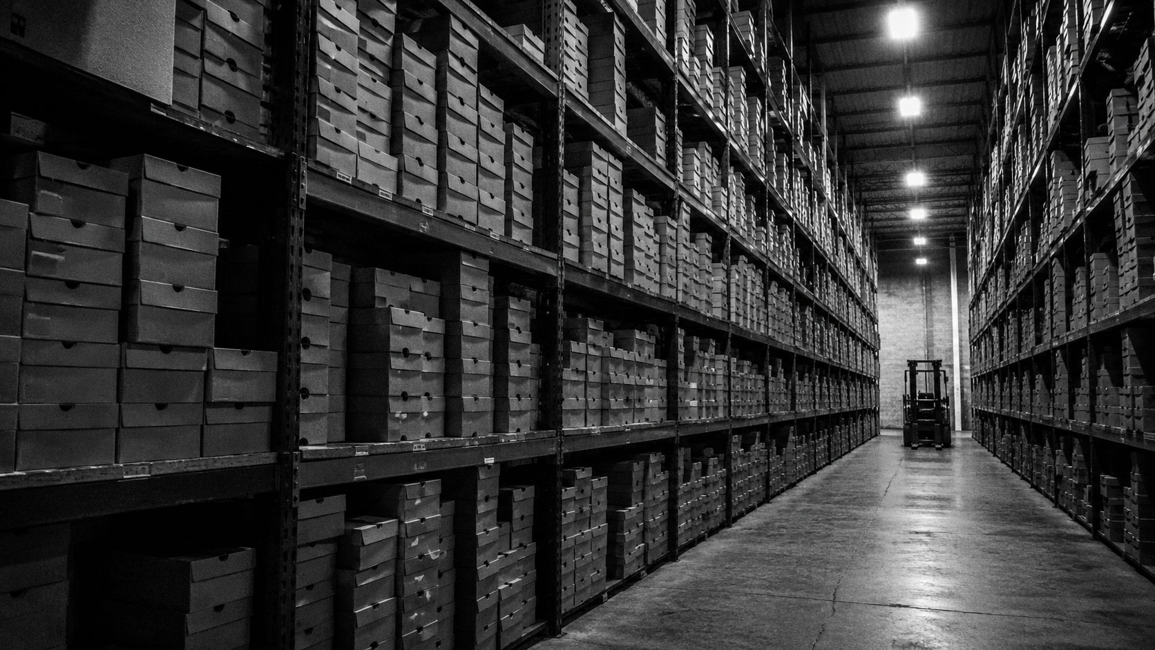 Nike warehouse sneaker boxes idle forklift