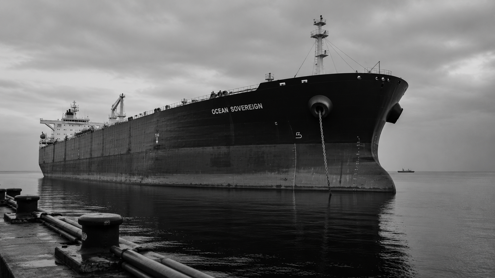 Oil tanker anchored open water overcast