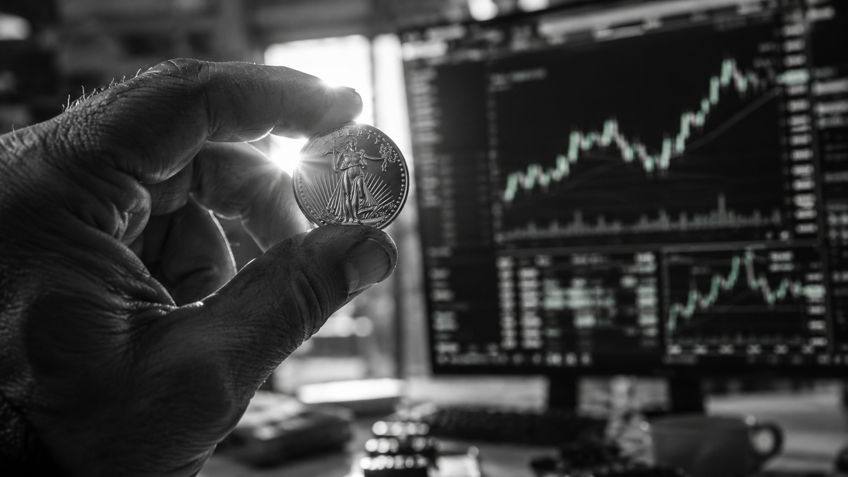 Gold coin fingers sunlight green screens