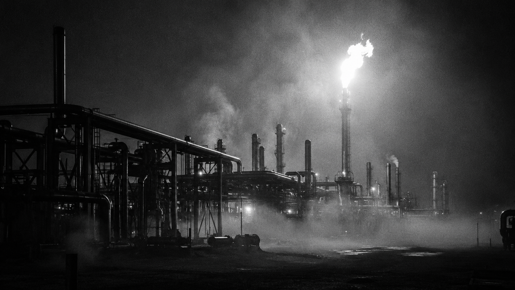 Oil refinery night flare stack flames