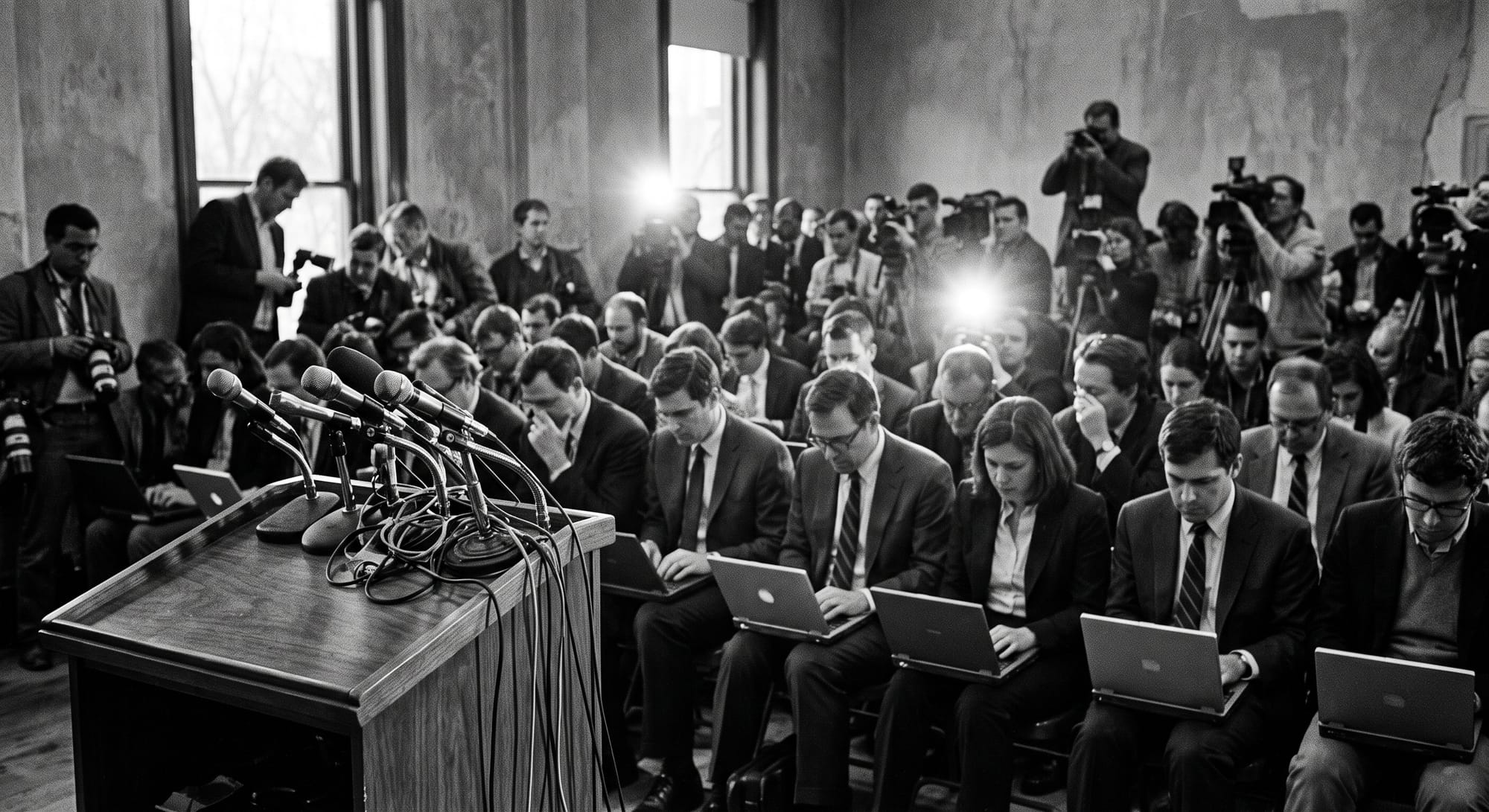 Press conference room journalists podium microphones