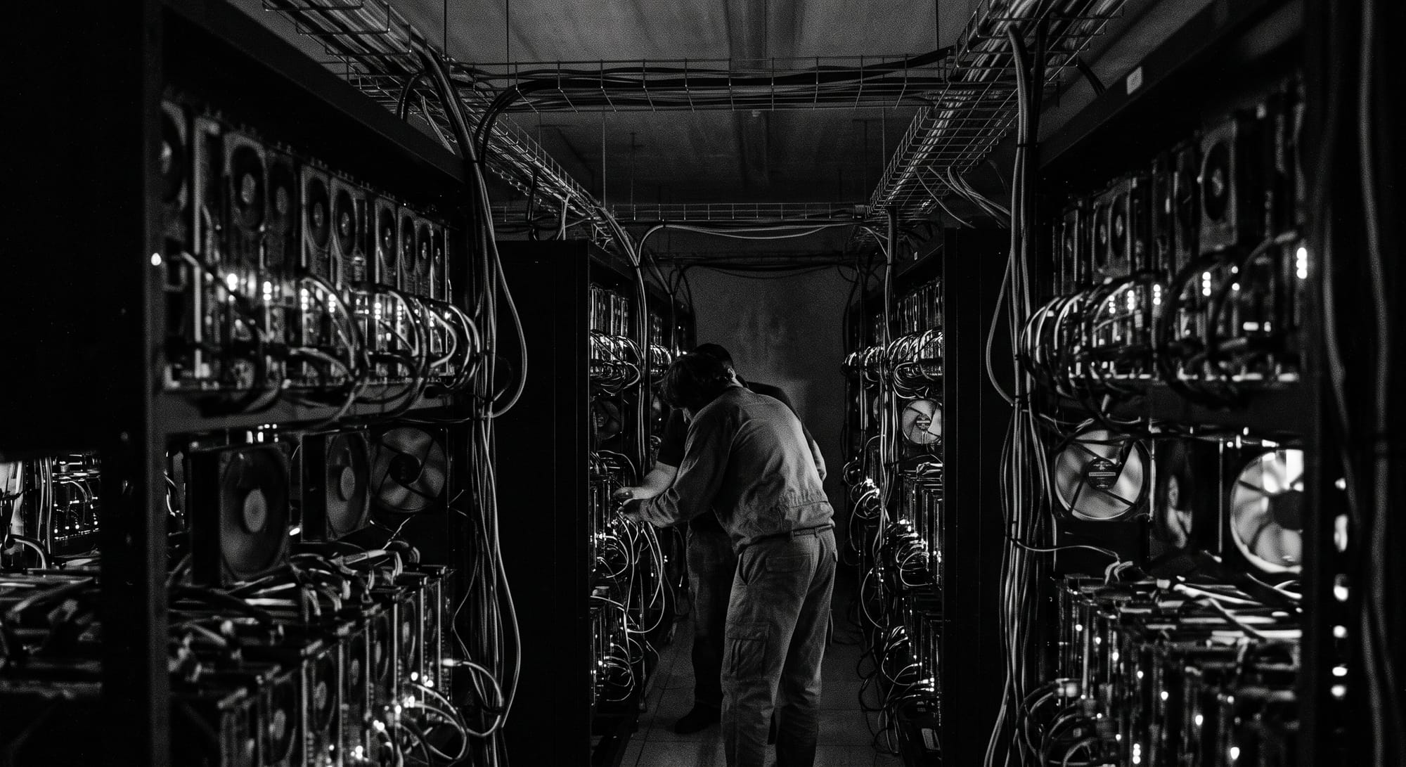 Server room GPU racks LEDs dark cables