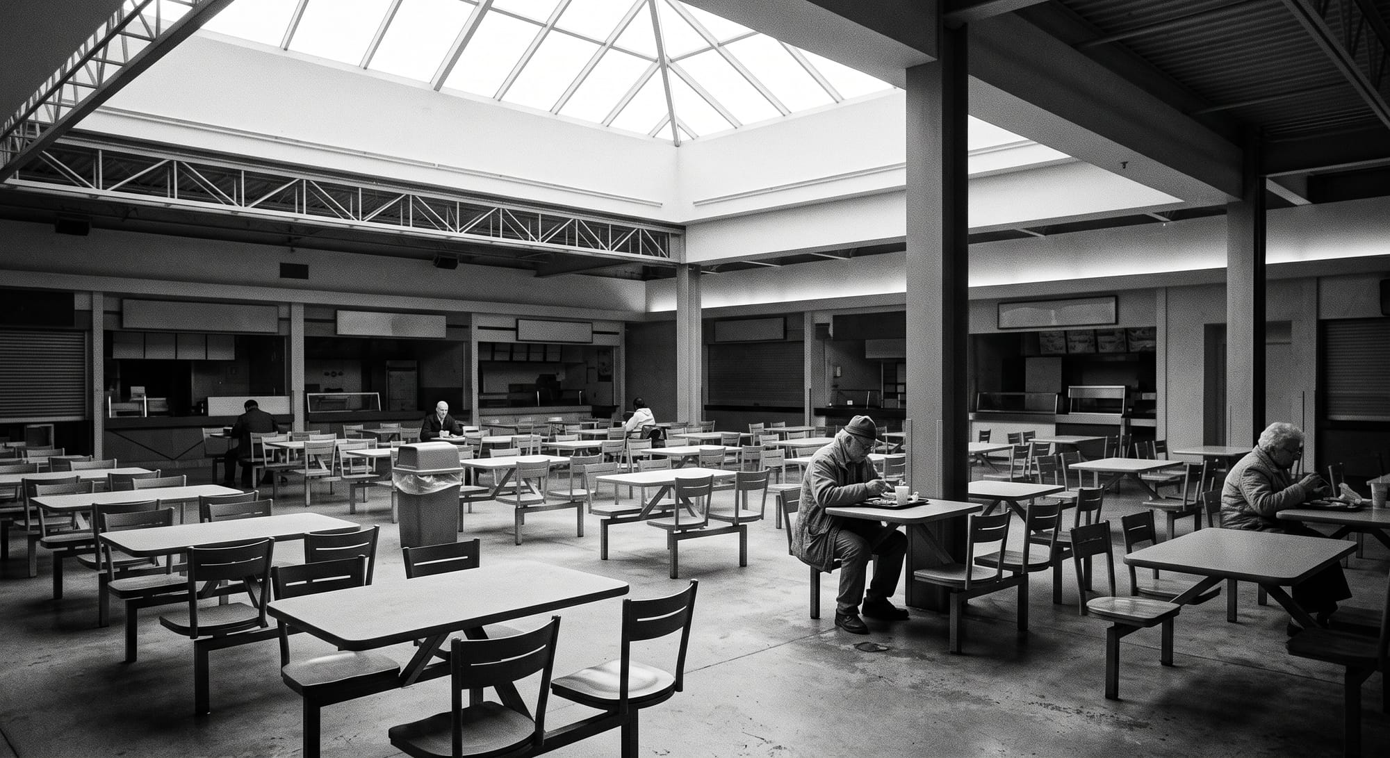 Shopping mall food court empty tables midday