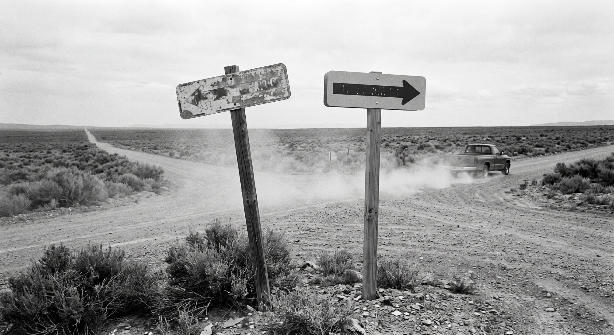 Two road signs opposite directions desert highway