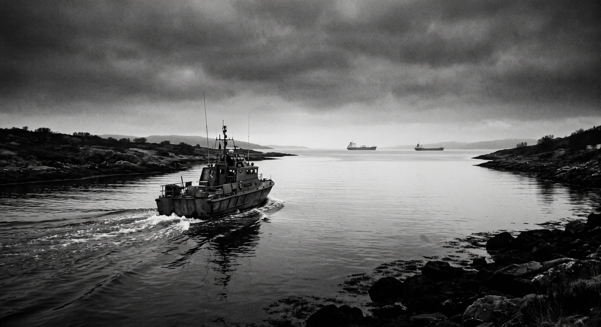 Strait dawn shipping vessels patrol boat opening