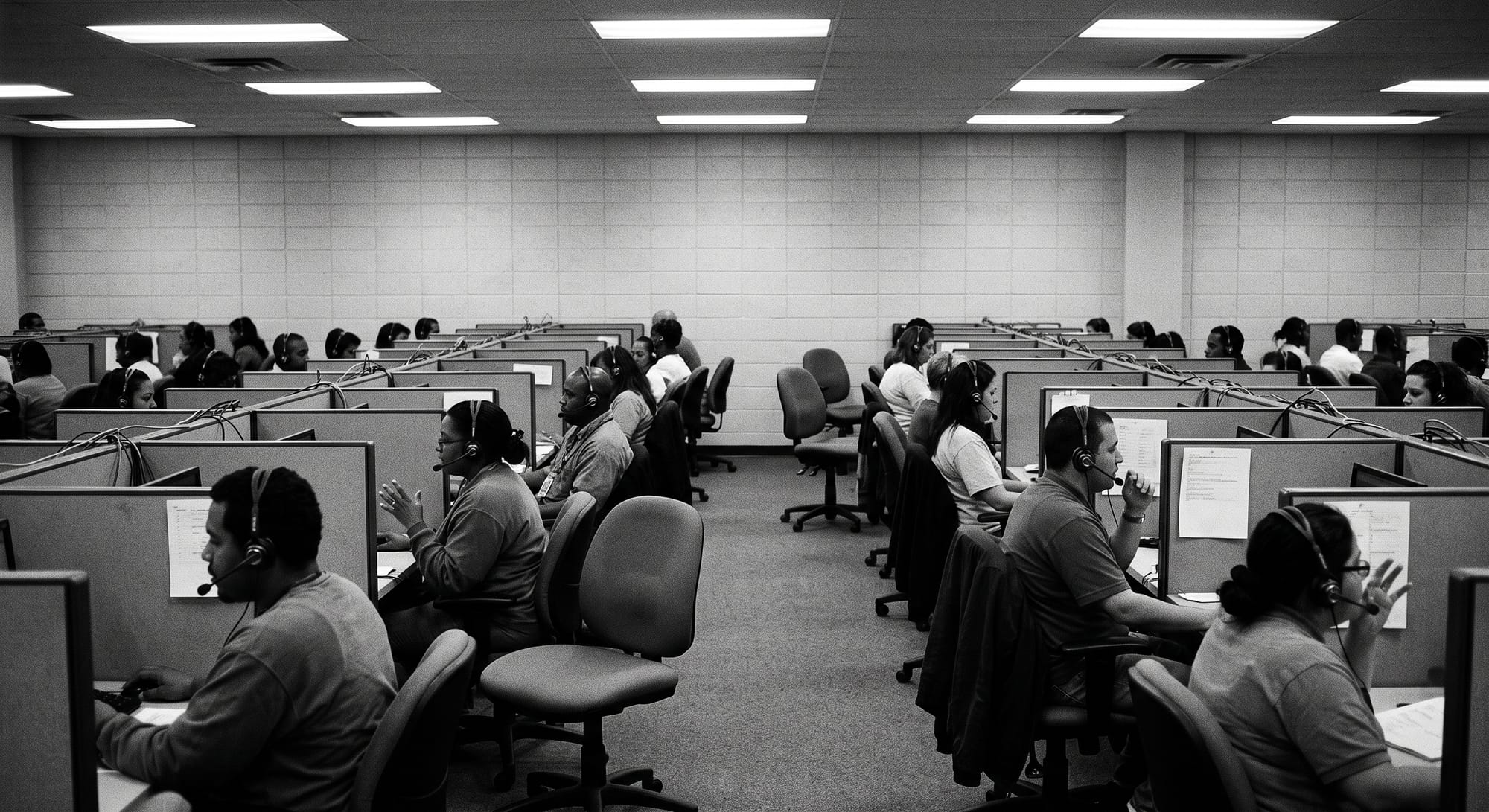 Call center floor with headset workers