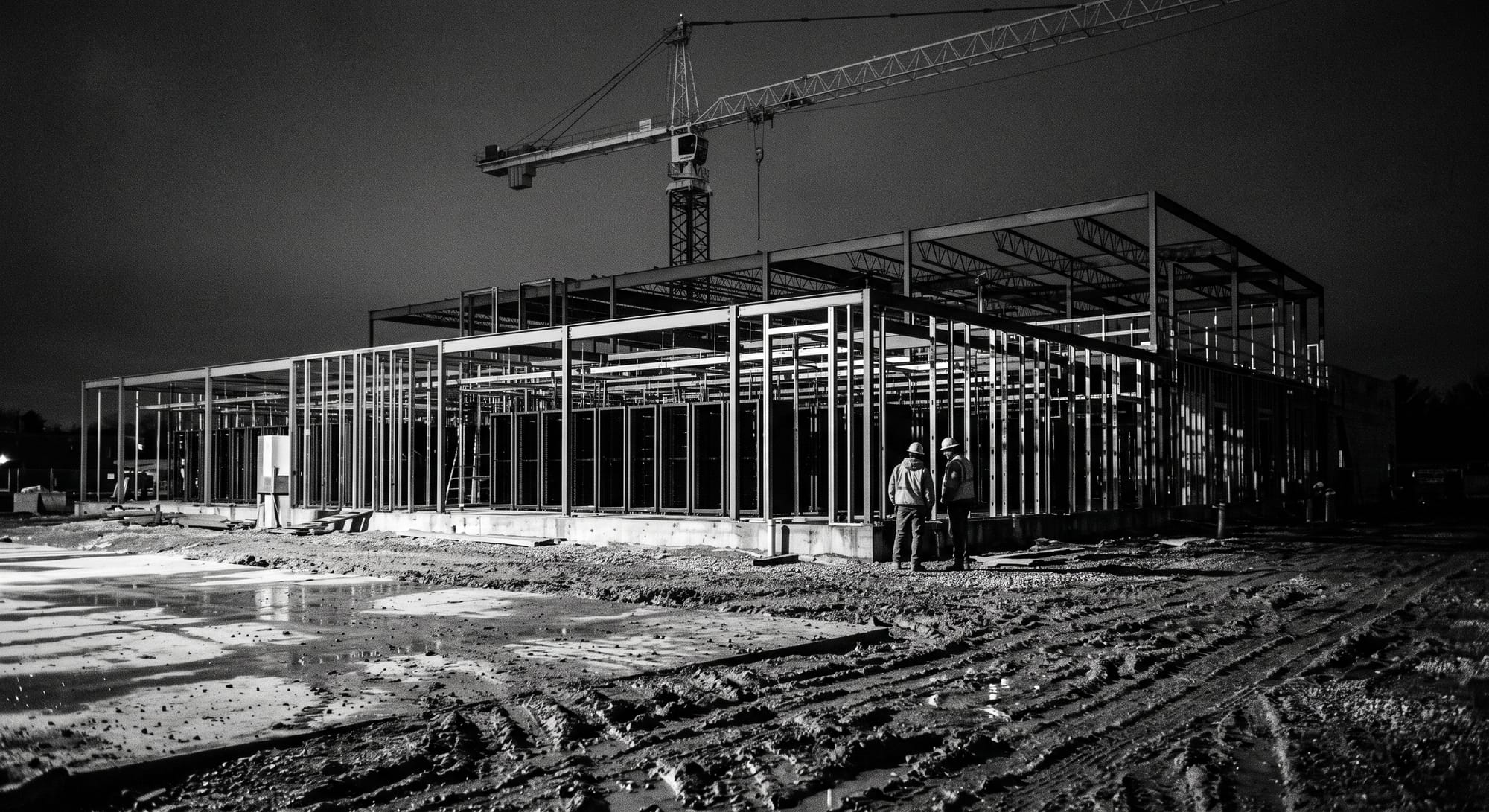 Data center under construction at night