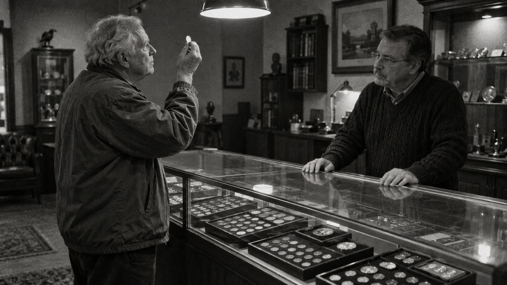 Coin shop customer examining single coin
