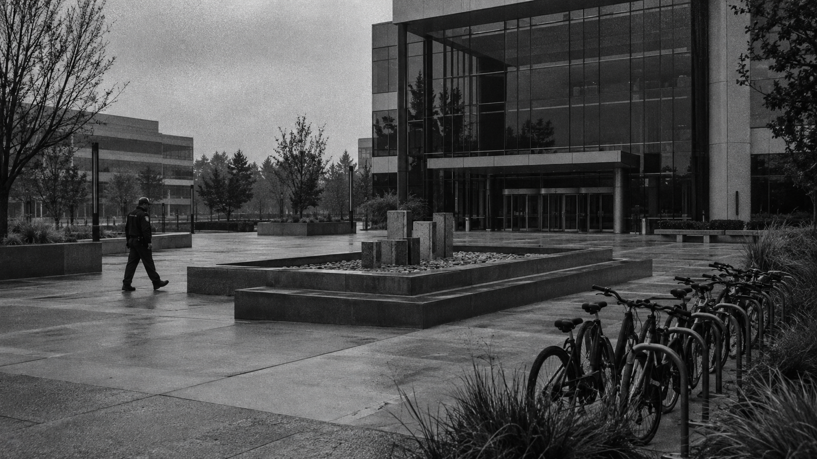 Empty tech campus with idle bikes