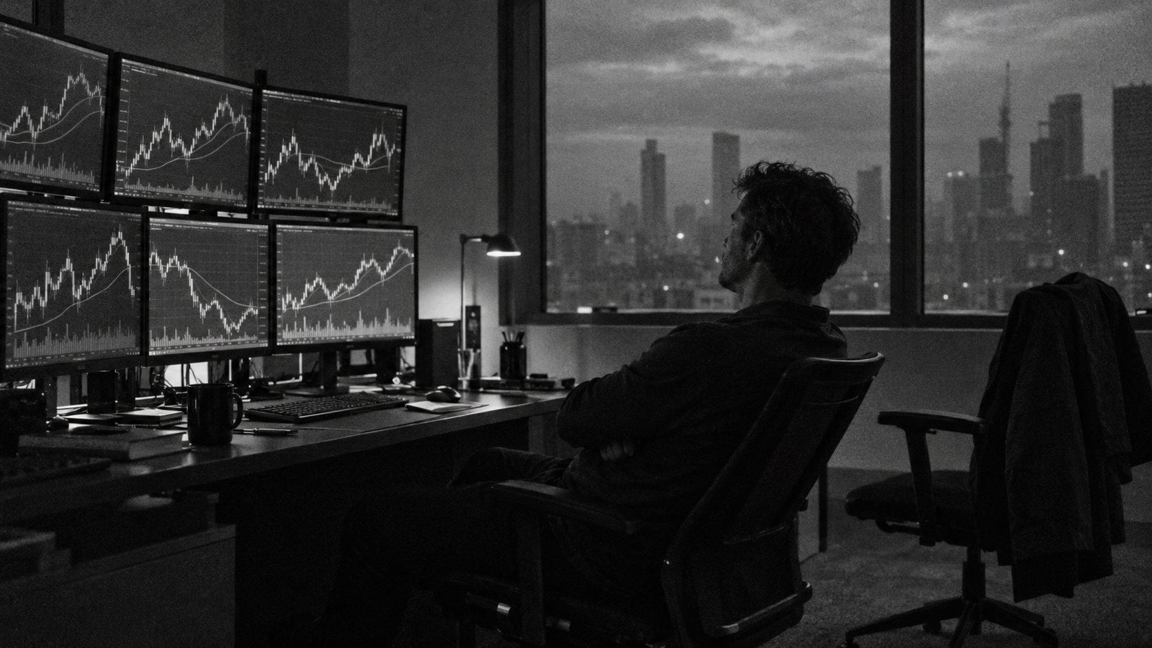Lone trader watching candlestick screens