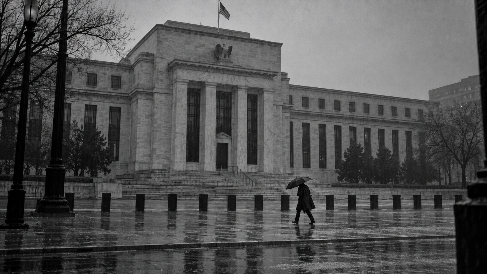 Federal Reserve building in rain