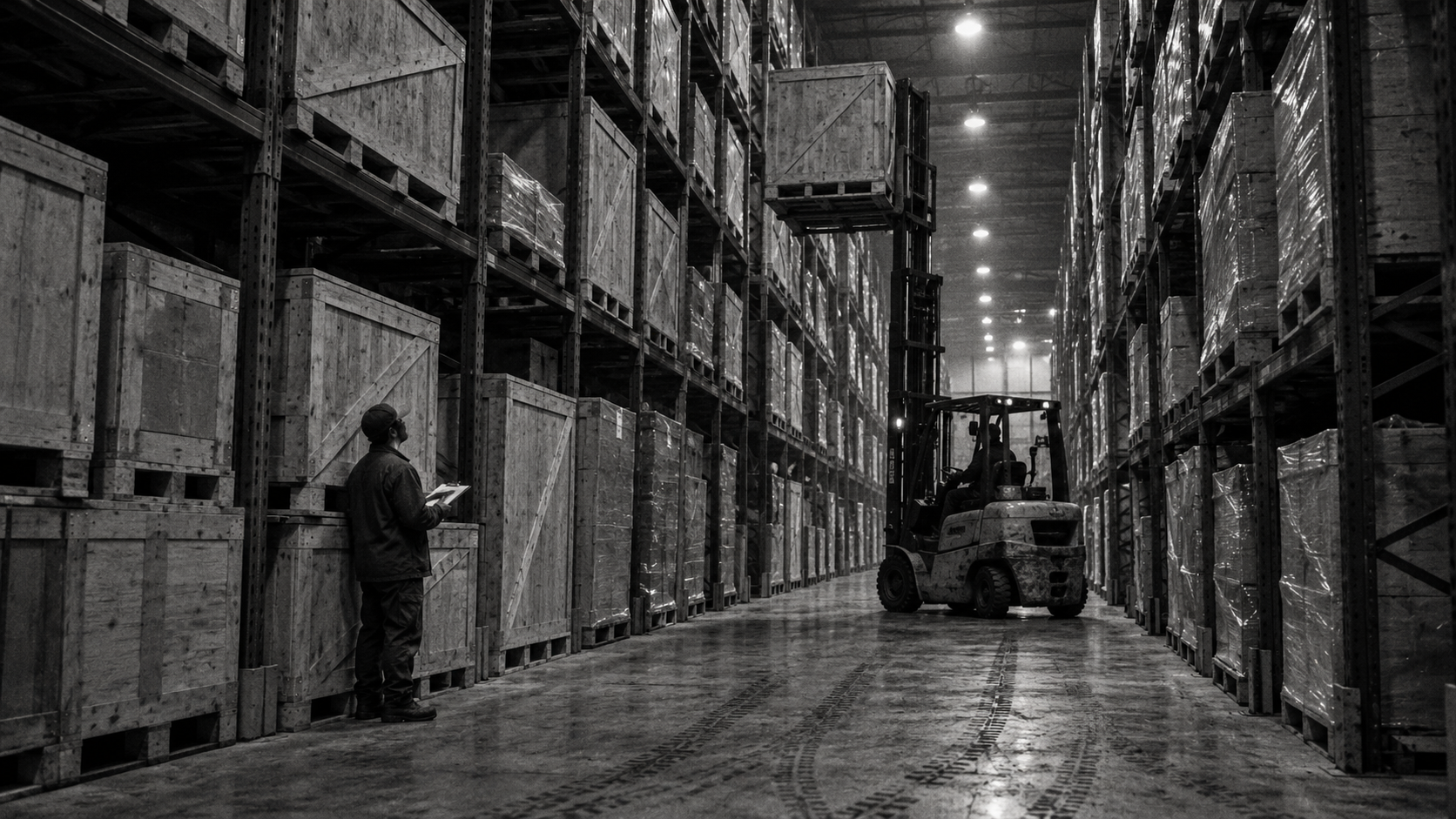 Crated equipment in warehouse aisle