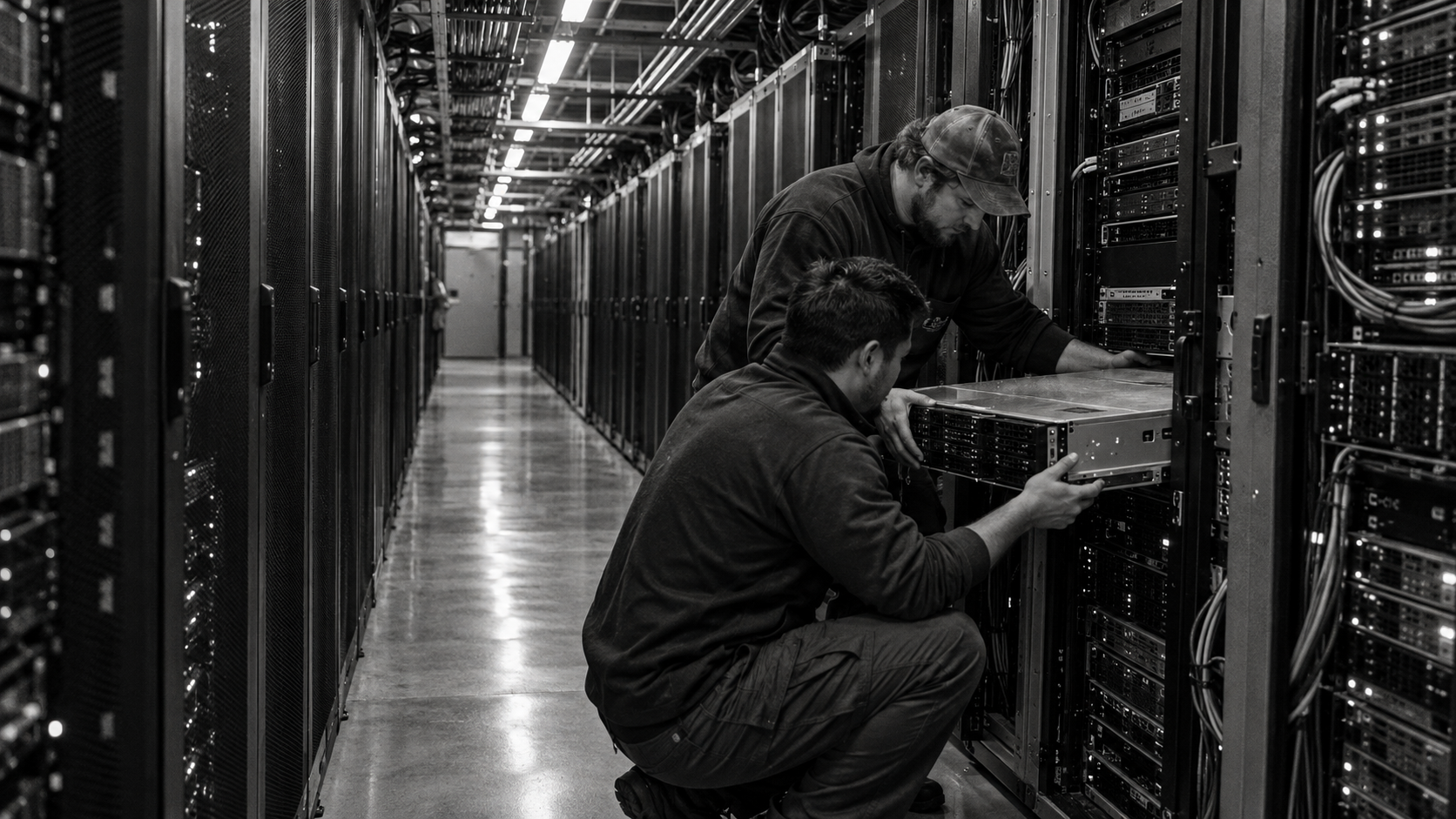 Technicians in data center server hall