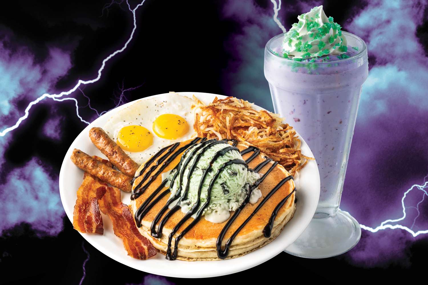 Photo of Eternia’s Premium Breakfast Slam and Skeletor’s Dark Shakeverse with unsafe weather conditions in the background.