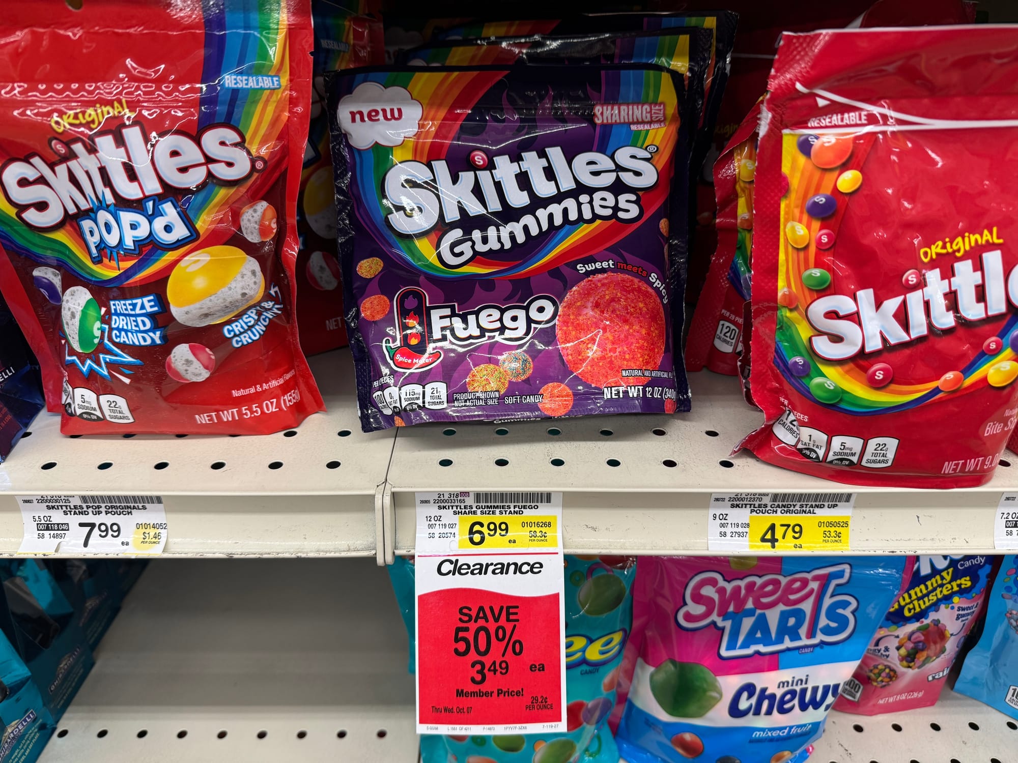 Skittles Fuego Gummies marked down for clearance.