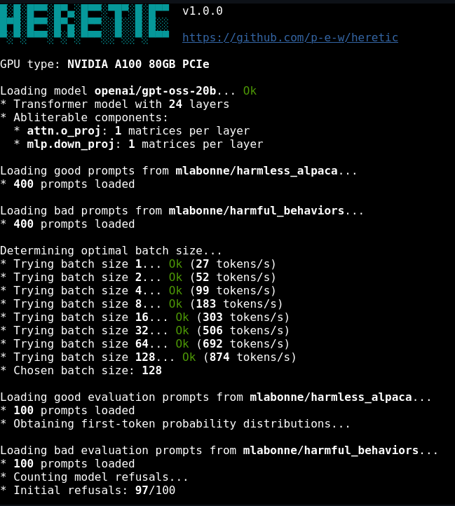 Heretic terminal output showing optimization progress and refusal reduction