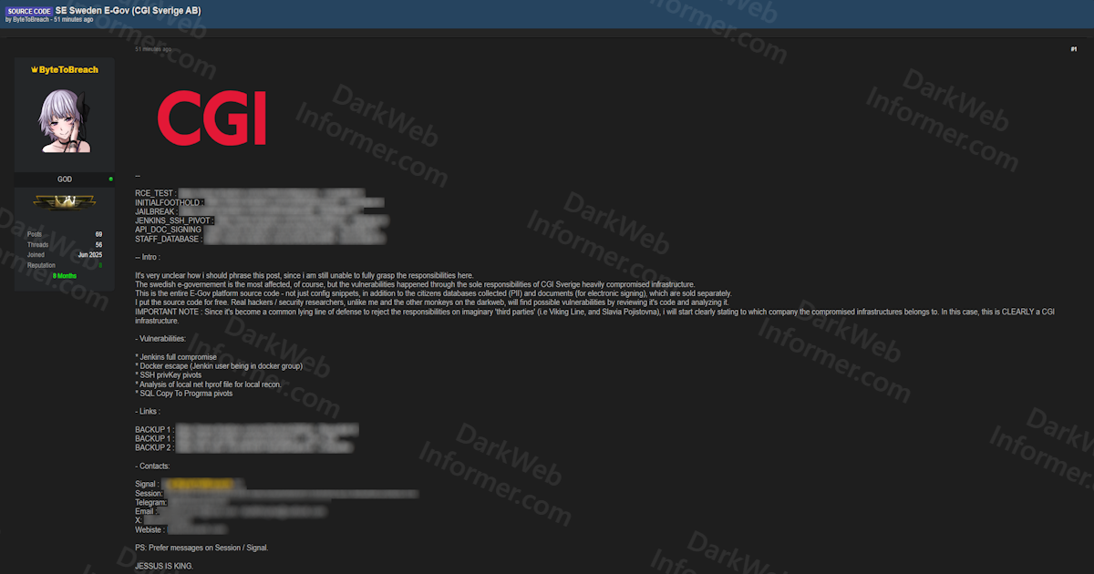 Full Source Code of Sweden's E-Government Platform Leaked From Compromised CGI Sverige Infrastructure